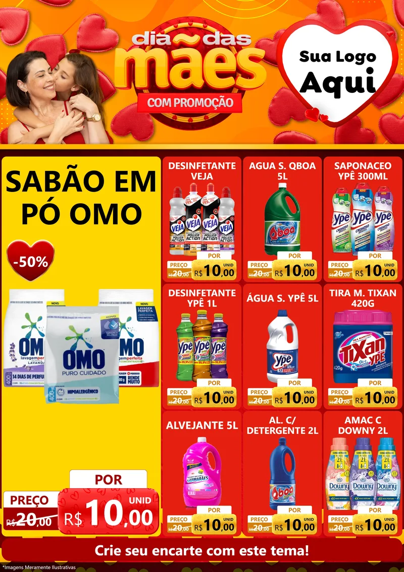 Modelo de Encarte para Encarte A4 Vertical com o tema Dia das Mães com Promoção para Produtos de Limpeza