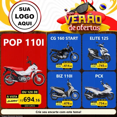 Modelo de Rede Social para Feed Facebook com o tema Super Verão de Ofertas para Concessionaria de Motos