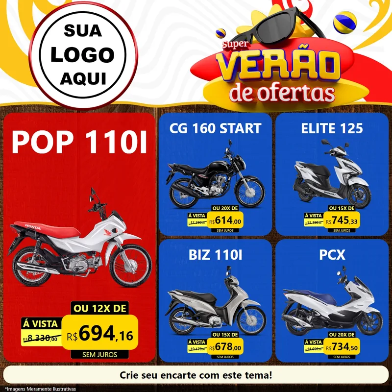 Modelo de Rede Social para Feed Facebook com o tema Super Verão de Ofertas para Concessionaria de Motos