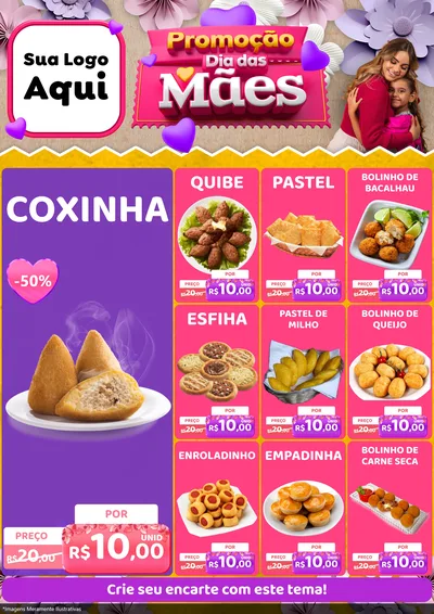Modelo de Encarte para Encarte A4 Vertical com o tema Promoção Dia das Mães para Salgadaria