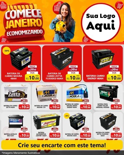 Modelo de Rede Social para Feed Instagram com o tema Comece Janeiro Economizando para Baterias Elétricas