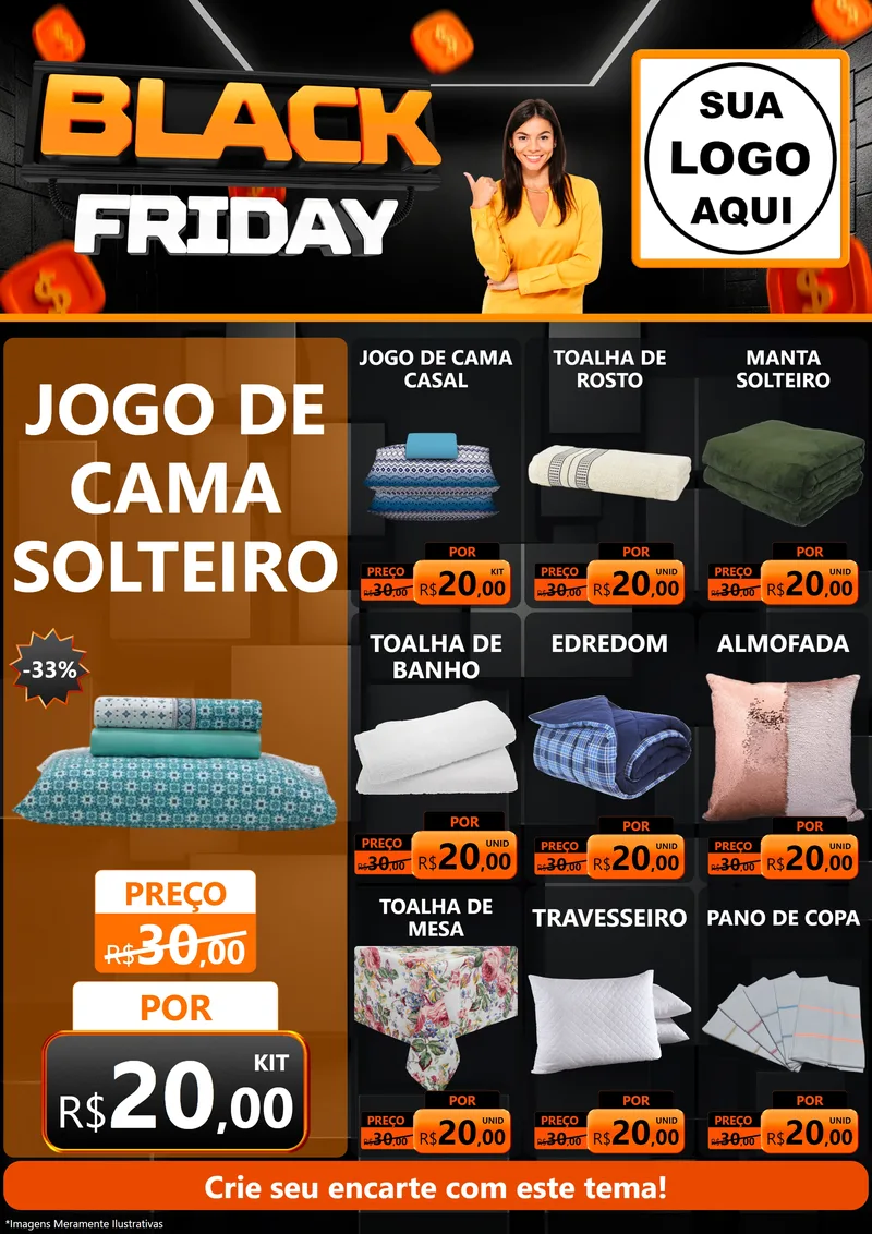 Modelo de Encarte para Encarte A4 Vertical com o tema Black Friday para Cama, Mesa e Banho