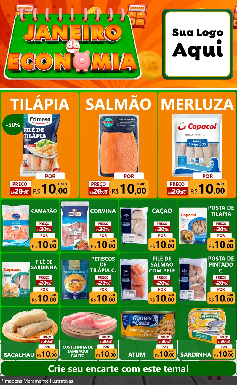 Modelo de Encarte para Encarte Grande com o tema Janeiro da Economia para Peixaria