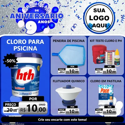 Modelo de Rede Social para Feed Facebook com o tema Promoção de Aniversário - 9 Anos para Produtos para Piscina
