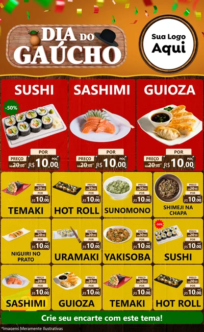 Modelo de Encarte para Encarte Grande com o tema Dia do Gaúcho para Comida japonesa