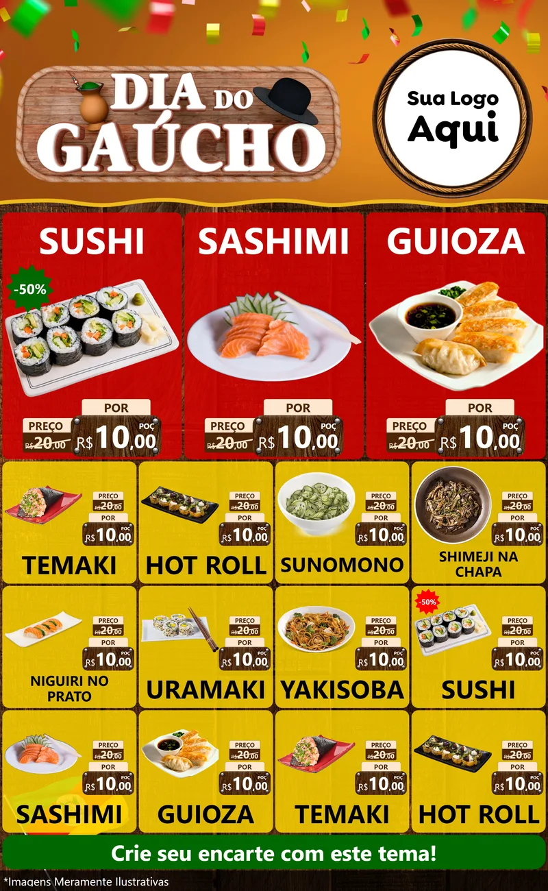 Modelo de Encarte para Encarte Grande com o tema Dia do Gaúcho para Comida japonesa