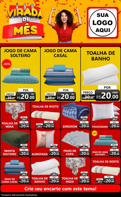 Modelo de Encarte para Encarte Grande com o tema Virada de Mês para Cama, Mesa e Banho