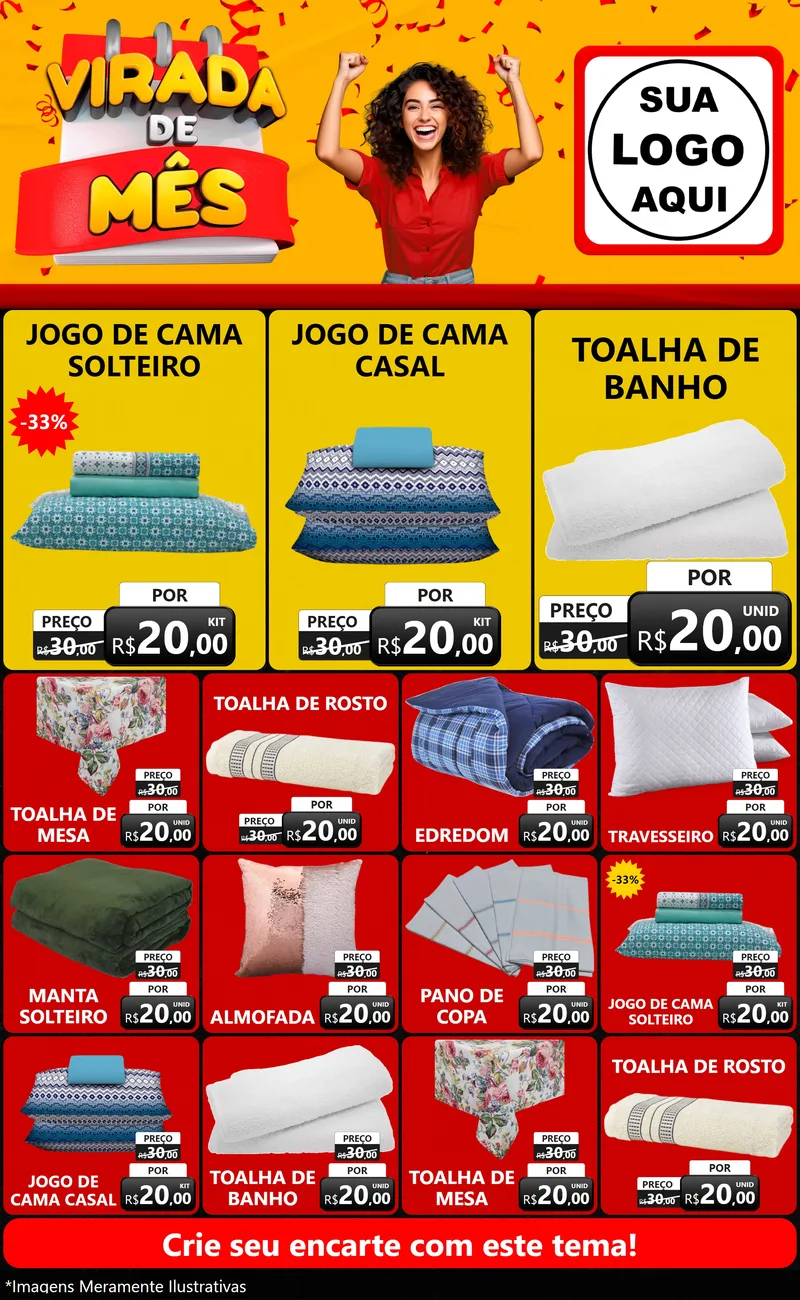 Modelo de Encarte para Encarte Grande com o tema Virada de Mês para Cama, Mesa e Banho