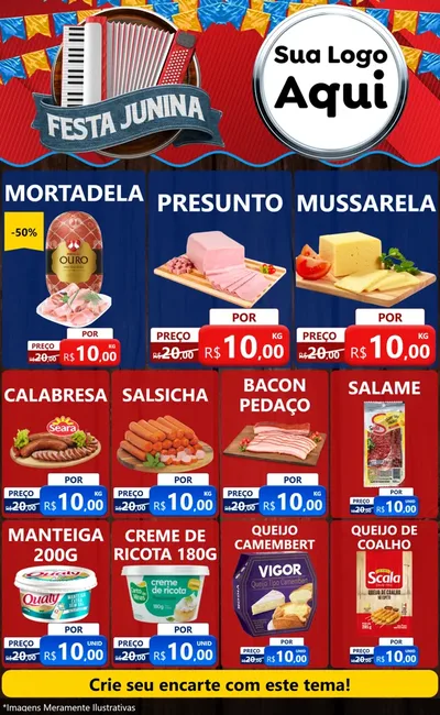 Modelo de Encarte para Encarte Grande com o tema Festa Junina para Frios e Laticínios