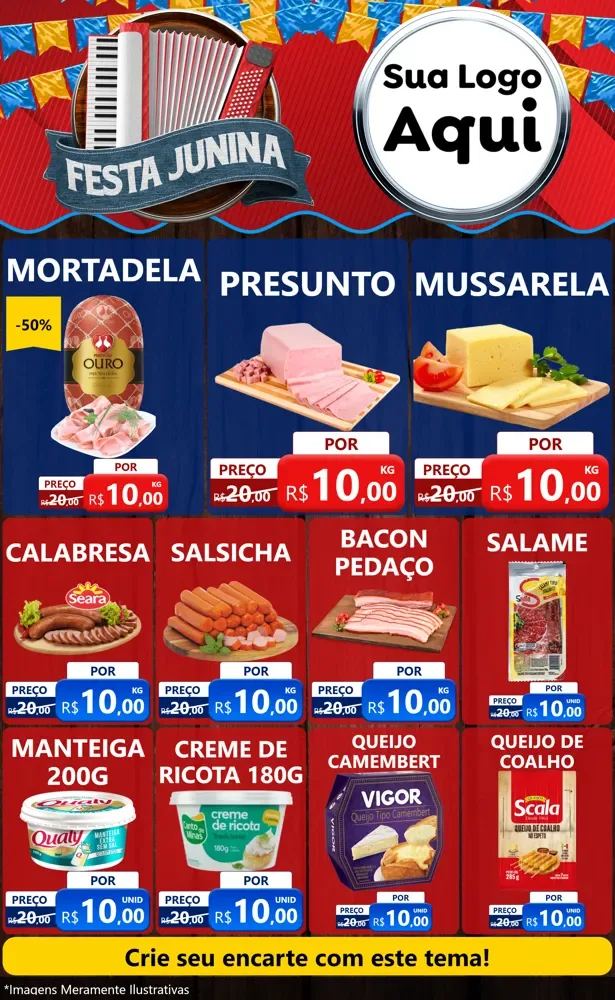 Modelo de Encarte para Encarte Grande com o tema Festa Junina para Frios e Laticínios