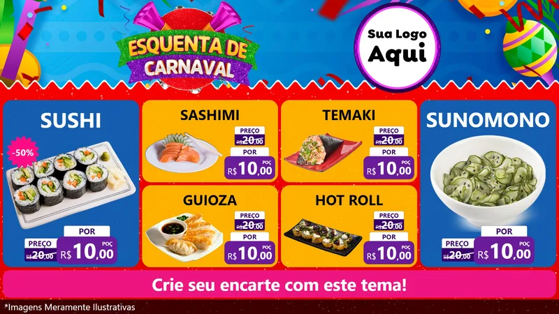 Modelo de TV para TV Horizontal com o tema Esquenta de Carnaval para Comida japonesa