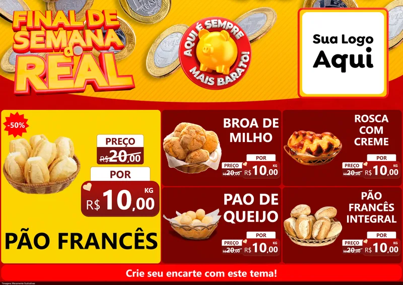 Modelo de Encarte para Encarte A4 Horizontal com o tema Final de Semana do Real para Padaria
