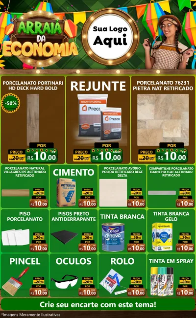Modelo de Encarte para Encarte Grande com o tema Arraiá de Economia para Pisos e revestimentos