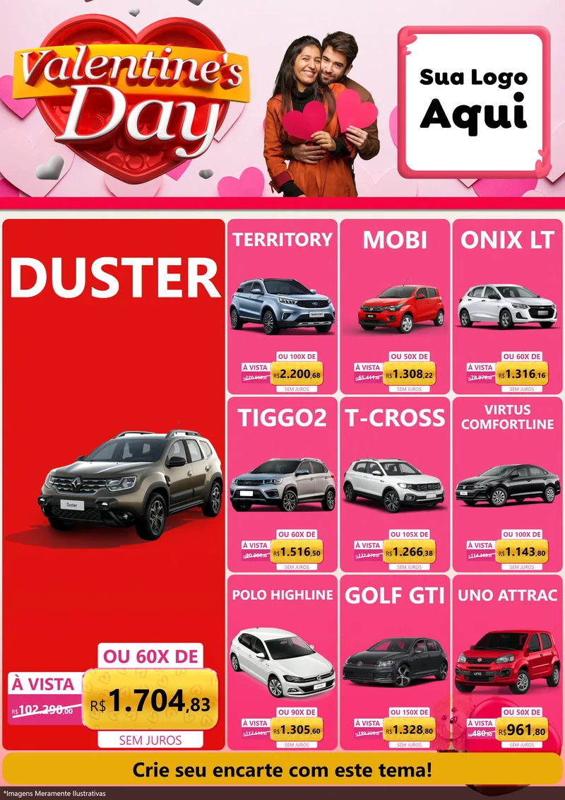 Modelo de Encarte para Encarte A4 Vertical com o tema Valentine's Day para Concessionaria de Carros
