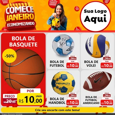 Modelo de Rede Social para Feed Facebook com o tema Comece Janeiro Economizando para Artigos Esportivos