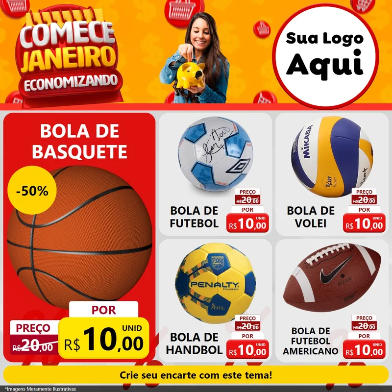 Modelo de Rede Social para Feed Facebook com o tema Comece Janeiro Economizando para Artigos Esportivos