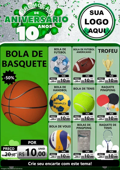 Modelo de Encarte para Encarte A4 Vertical com o tema Promoção de Aniversário - 10 Anos para Artigos Esportivos