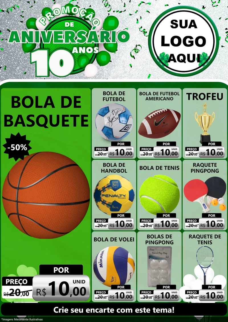 Modelo de Encarte para Encarte A4 Vertical com o tema Promoção de Aniversário - 10 Anos para Artigos Esportivos