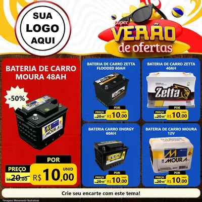 Modelo de Rede Social para Feed Facebook com o tema Super Verão de Ofertas para Baterias Elétricas