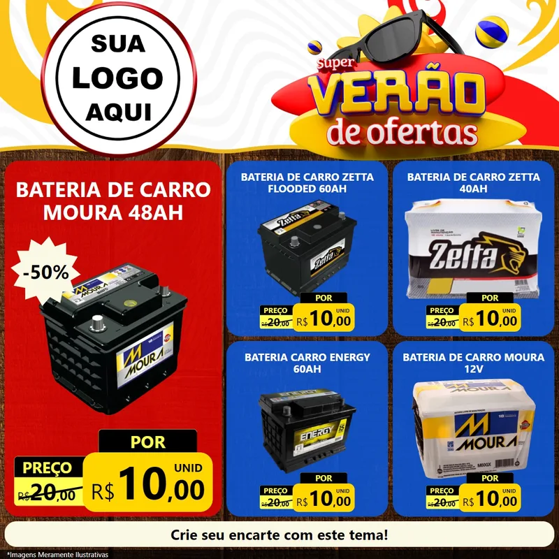 Modelo de Rede Social para Feed Facebook com o tema Super Verão de Ofertas para Baterias Elétricas