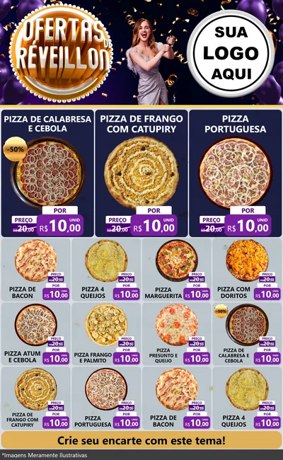 Modelo de Encarte para Encarte Grande com o tema Ofertas de Réveillon para Pizzaria