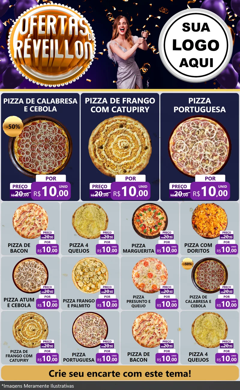 Modelo de Encarte para Encarte Grande com o tema Ofertas de Réveillon para Pizzaria