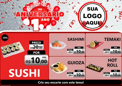 Modelo de Encarte para Encarte A4 Horizontal com o tema Promoção de Aniversário - 1 Ano para Comida japonesa
