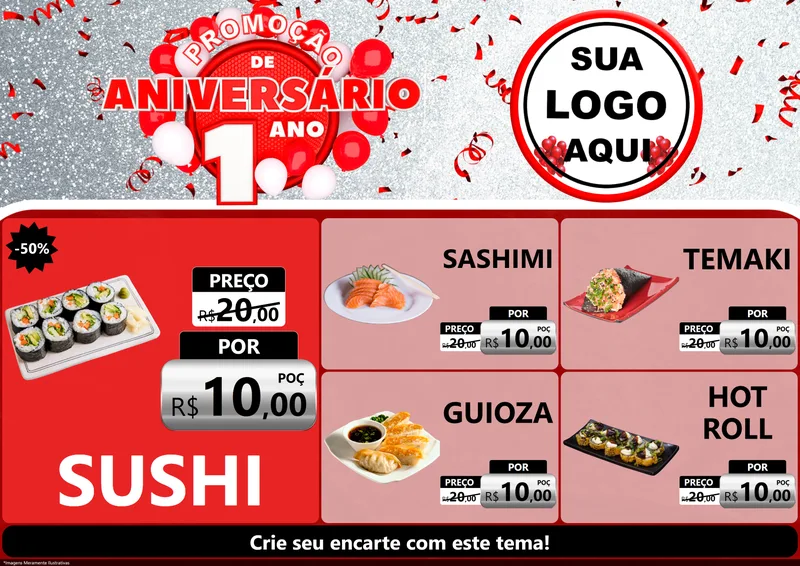 Modelo de Encarte para Encarte A4 Horizontal com o tema Promoção de Aniversário - 1 Ano para Comida japonesa