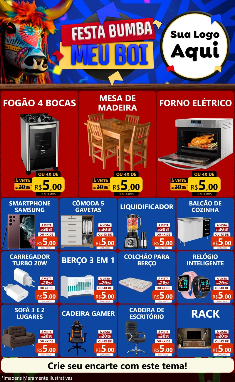 Modelo de Encarte para Encarte Grande com o tema Festa Bumba meu Boi para Móveis e Eletro