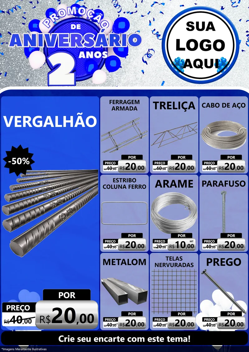 Modelo de Encarte para Encarte A4 Vertical com o tema Promoção de Aniversário - 2 Anos para Ferragens