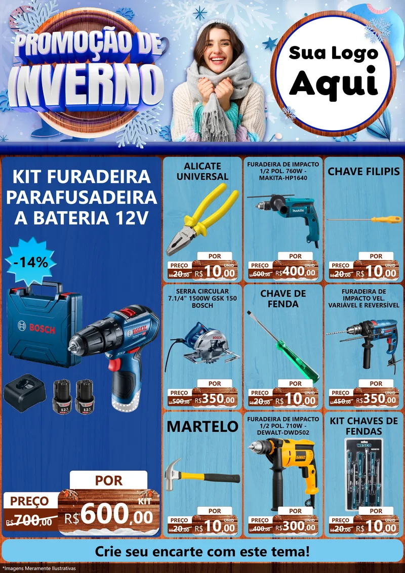 Modelo de Encarte para Encarte A4 Vertical com o tema Promoção de Inverno para Maquinas e Ferramentas