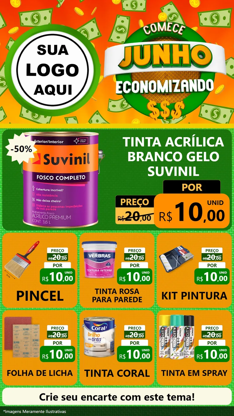 Modelo de Rede Social para Stories com o tema Comece Junho Economizando para Tintas e Ferramentas