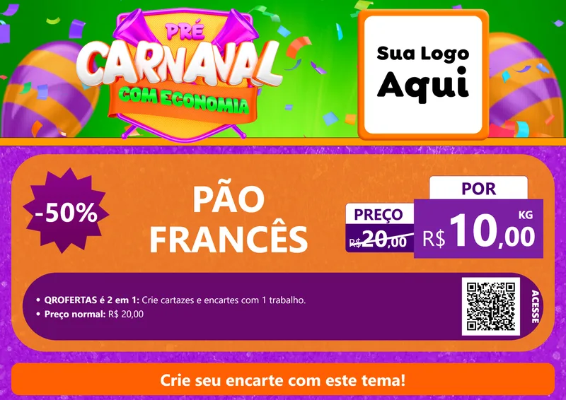 Modelo de Cartaz para Cartaz A4 Horizontal com o tema Pré-Carnaval Com Economia para Padaria