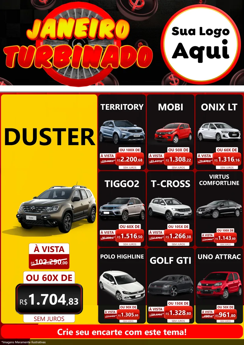 Modelo de Encarte para Encarte A4 Vertical com o tema Janeiro Turbinado para Concessionaria de Carros