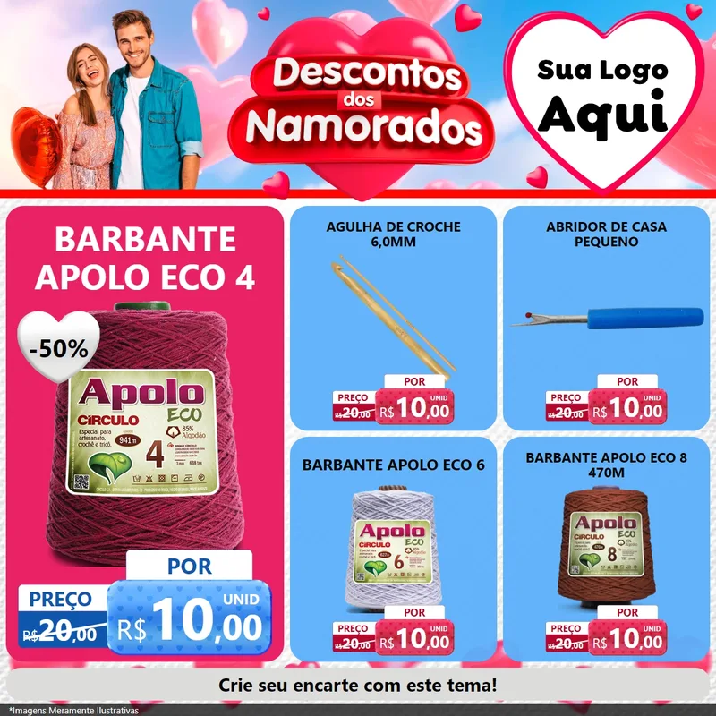 Modelo de Rede Social para Feed Facebook com o tema Descontos dos Namorados para Armarinho e Aviamentos
