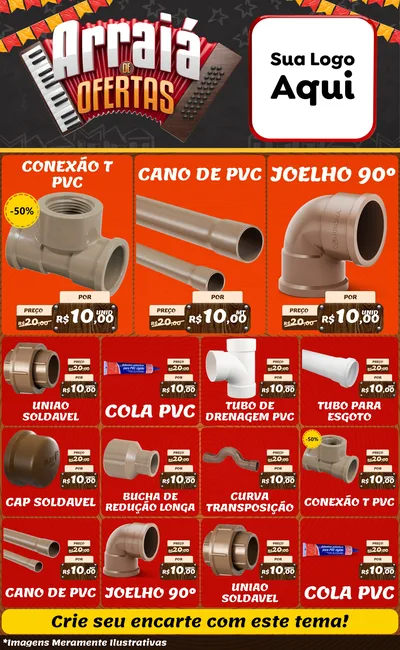 Modelo de Encarte para Encarte Grande com o tema Arraiá de Ofertas - Junina para Tubos e conexões