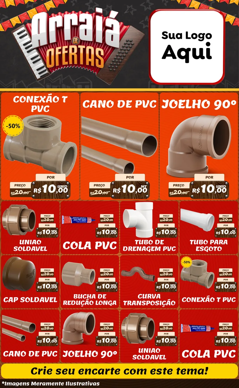 Modelo de Encarte para Encarte Grande com o tema Arraiá de Ofertas - Junina para Tubos e conexões