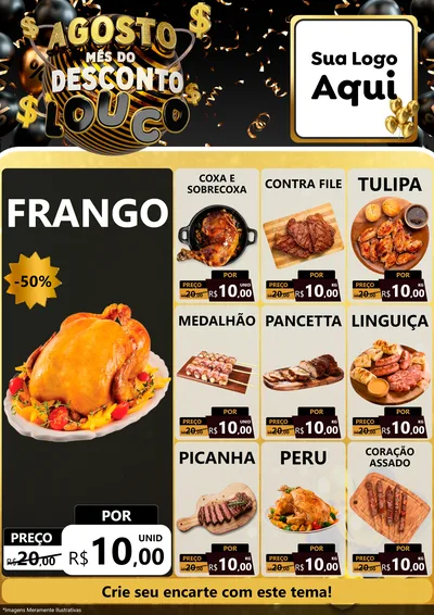 Modelo de Encarte para Encarte A4 Vertical com o tema Agosto Mês do Desconto Louco para Assados