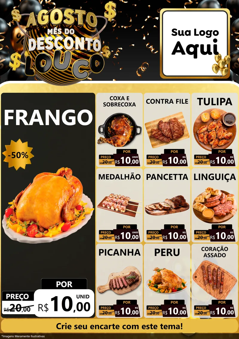 Modelo de Encarte para Encarte A4 Vertical com o tema Agosto Mês do Desconto Louco para Assados