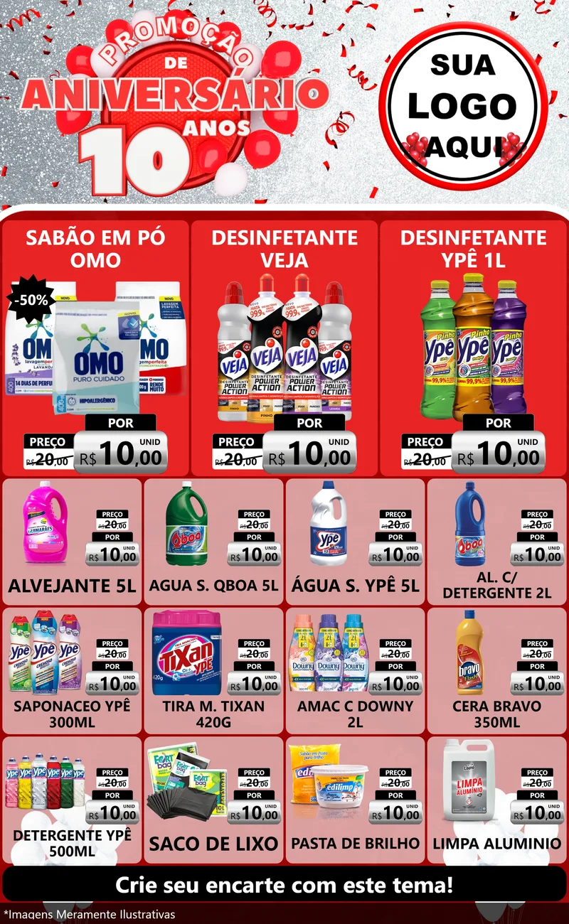 Modelo de Encarte para Encarte Grande com o tema Promoção de Aniversário - 10 Anos para Produtos de Limpeza