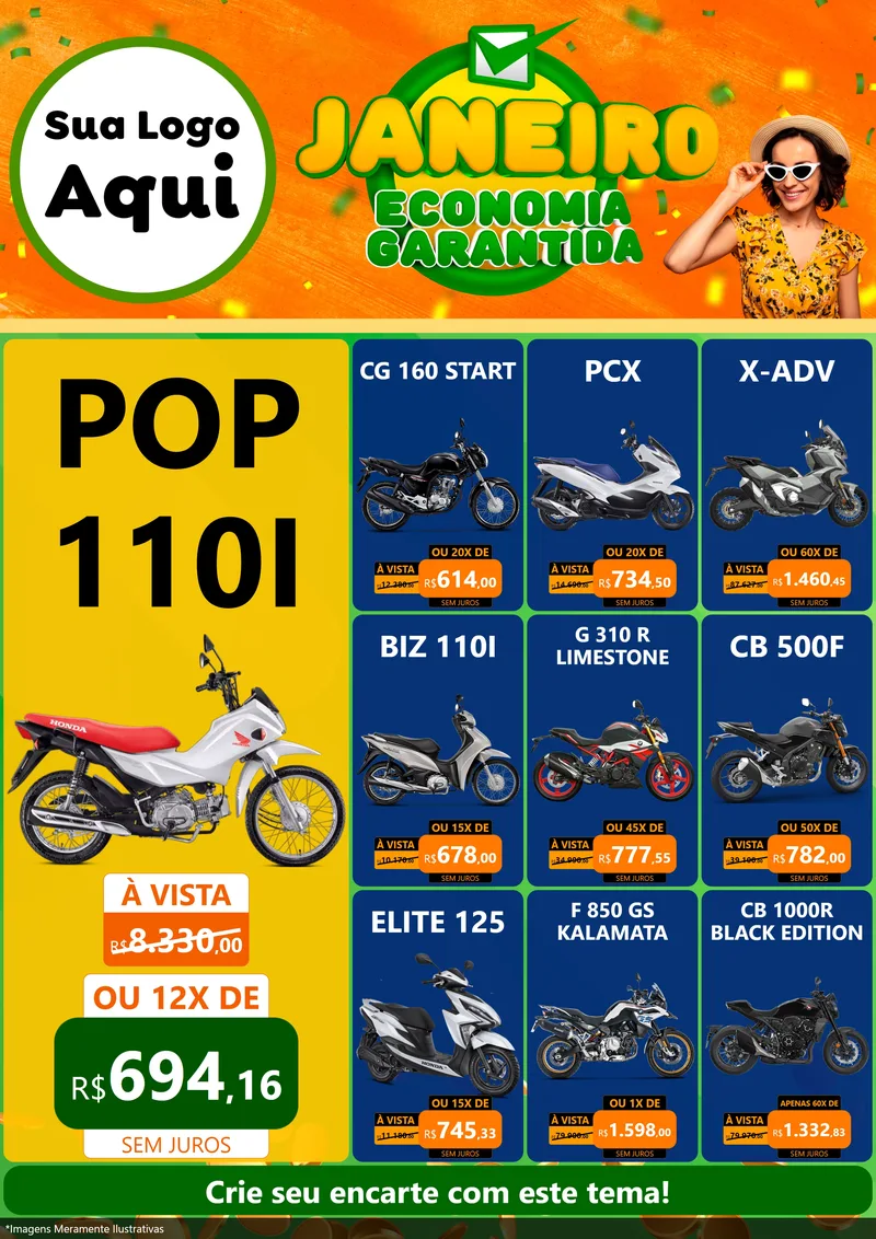 Modelo de Encarte para Encarte A4 Vertical com o tema Janeiro - Economia Garantida para Concessionaria de Motos