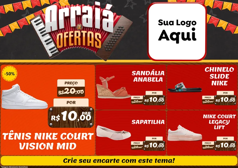 Modelo de Encarte para Encarte A4 Horizontal com o tema Arraiá de Ofertas - Junina para Calçados