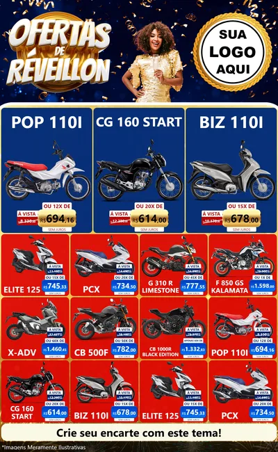Modelo de Encarte para Encarte Grande com o tema Ofertas de Réveillon para Concessionaria de Motos
