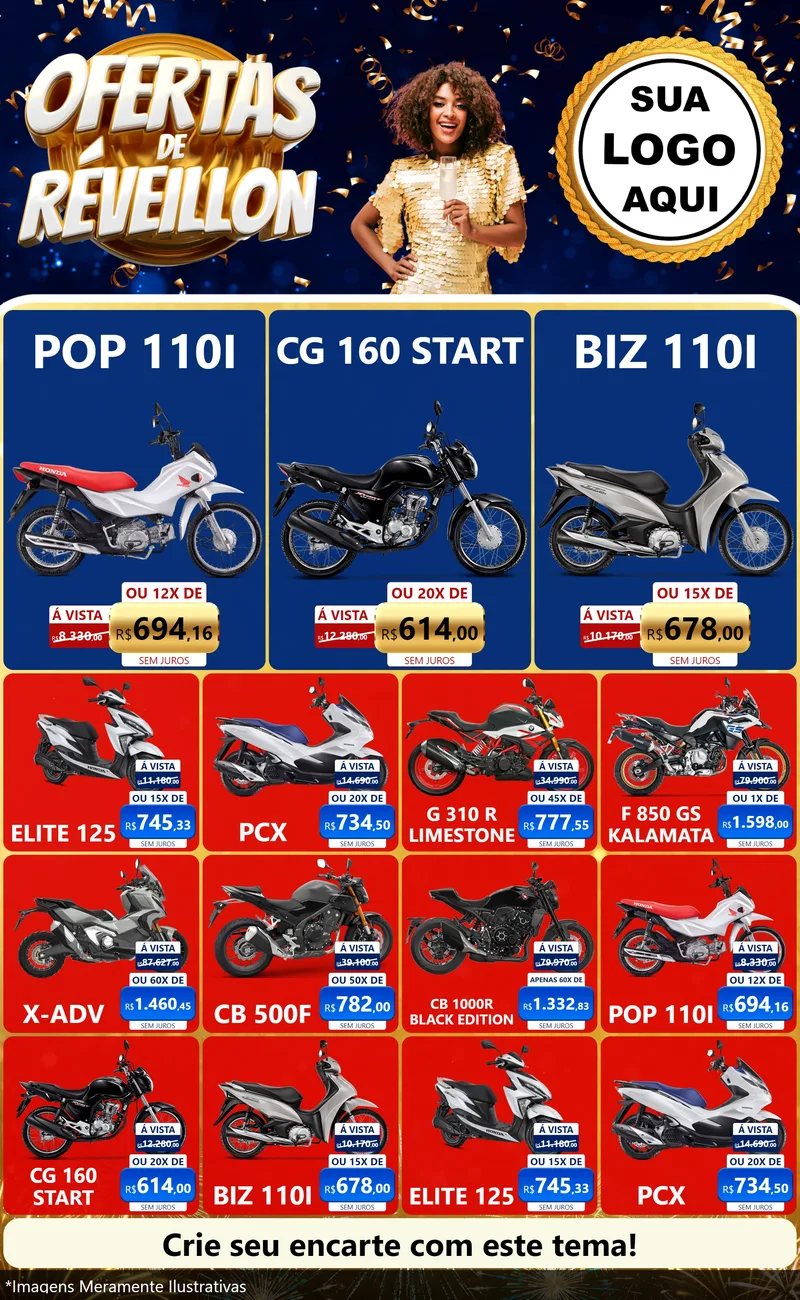 Modelo de Encarte para Encarte Grande com o tema Ofertas de Réveillon para Concessionaria de Motos
