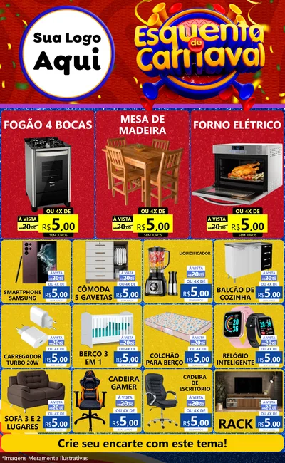 Modelo de Encarte para Encarte Grande com o tema Esquenta de Carnaval para Móveis e Eletro