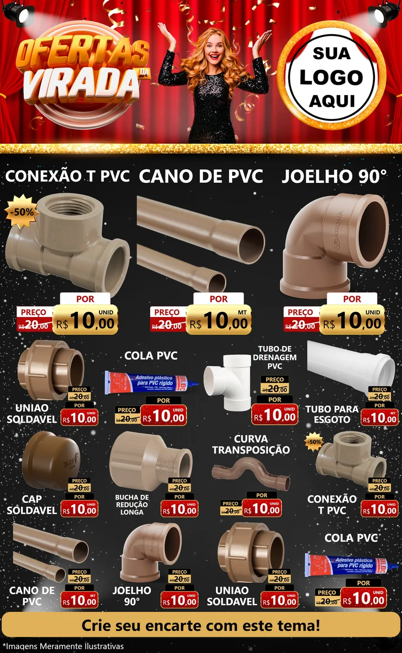Modelo de Encarte para Encarte Grande com o tema Ofertas da Virada para Tubos e conexões