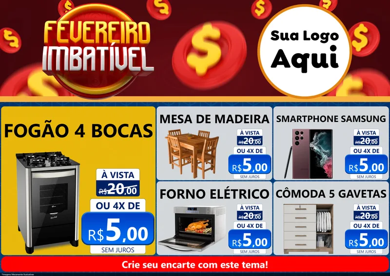 Modelo de Encarte para Encarte A4 Horizontal com o tema Fevereiro Imbatível para Móveis e Eletro