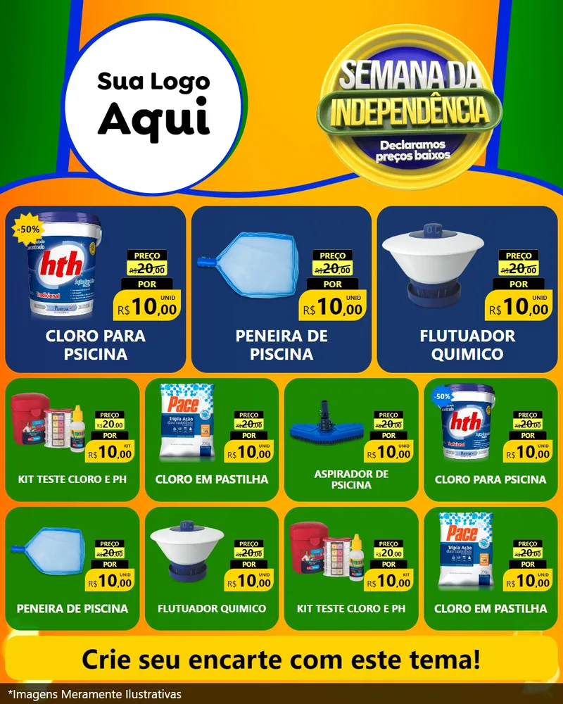 Modelo de Rede Social para Feed Instagram com o tema Semana da Independência Declaramos Preços Baixos para Produtos para Piscina