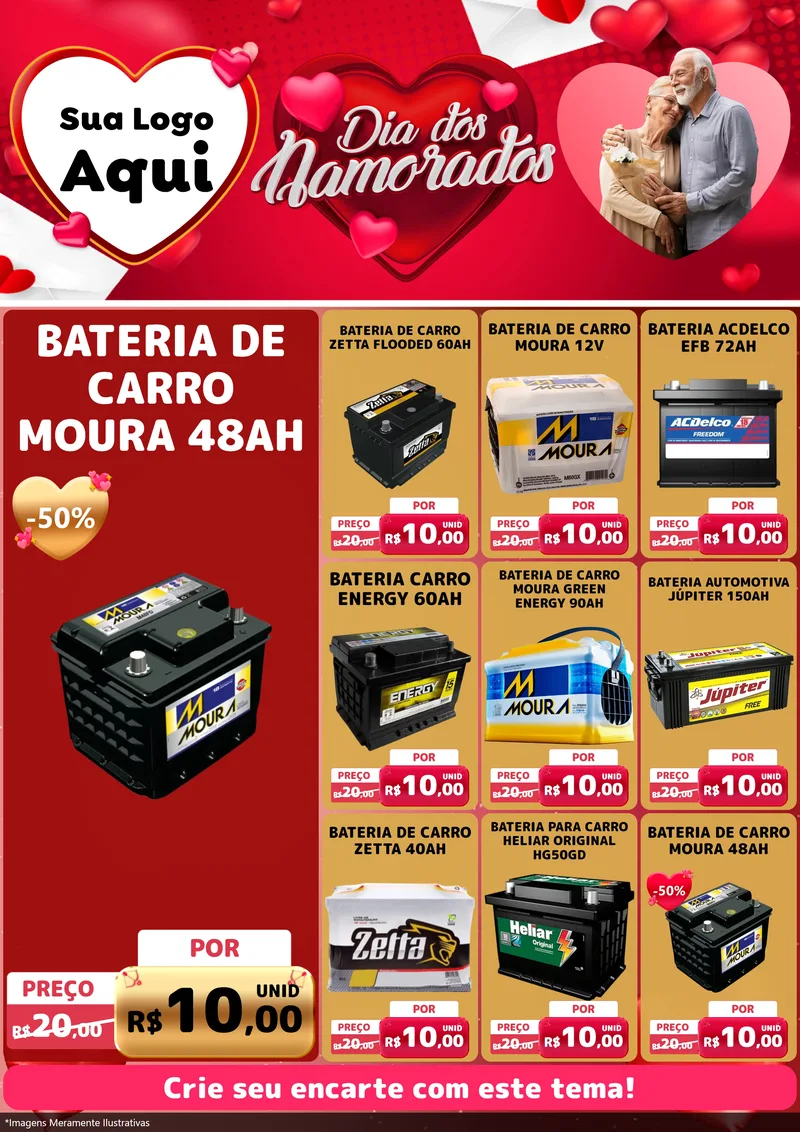 Modelo de Encarte para Encarte A4 Vertical com o tema Dia Dos Namorados para Baterias Elétricas