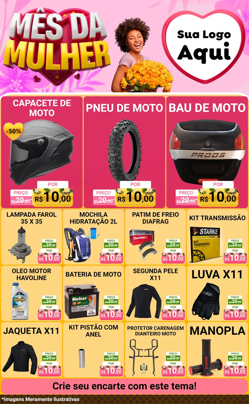 Modelo de Encarte para Encarte Grande com o tema Mês da Mulher para Moto peças